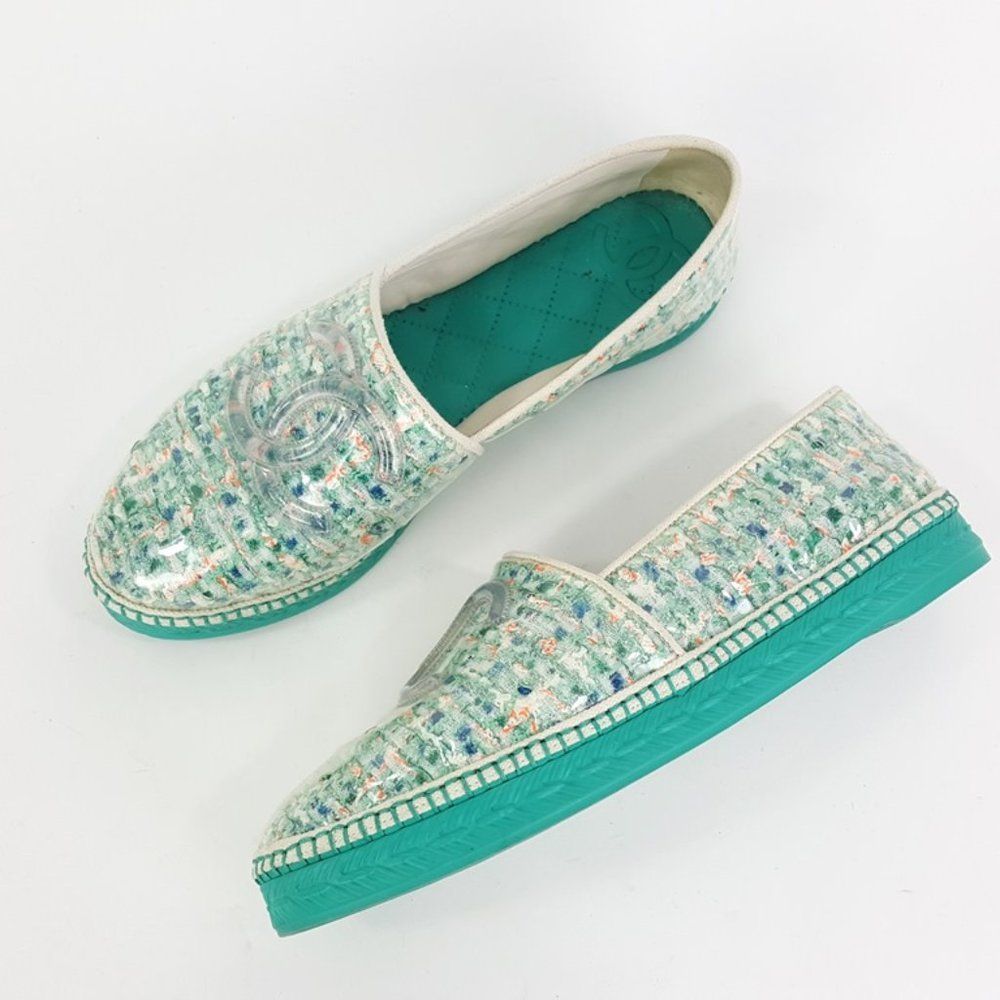 Chanel Green Multi PVC Tweed CC Slip On Espadrilles Shoes Size 39